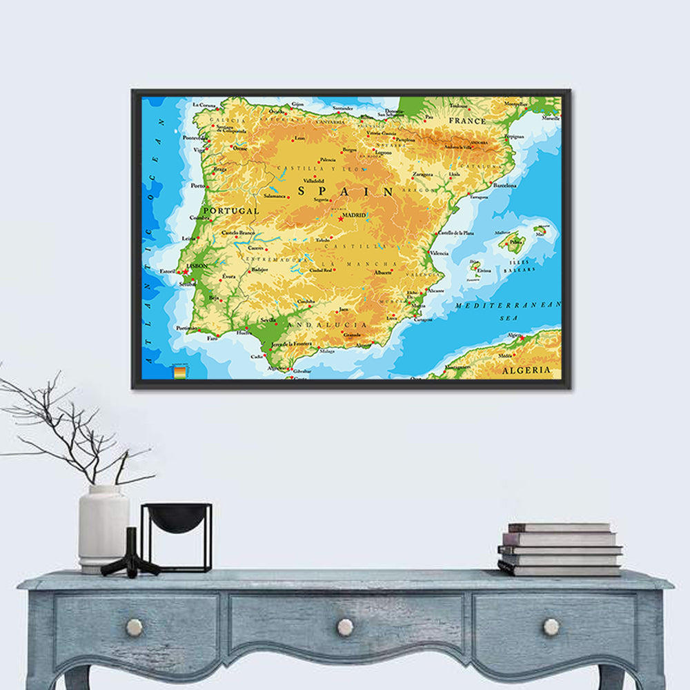 Iberian Peninsula Physical Map Wall Art in a room, landscape