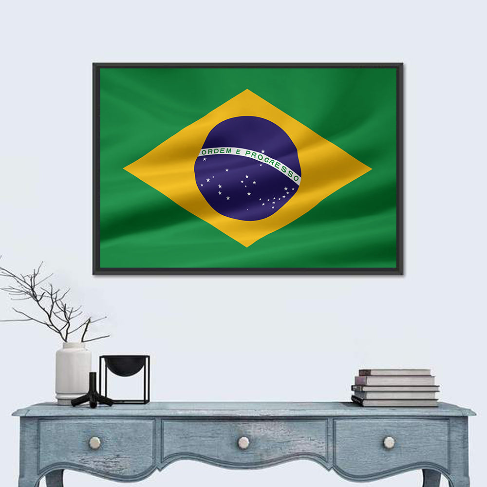 Brazil Flag with Ordem E Progresso Wall Art in a room, landscape