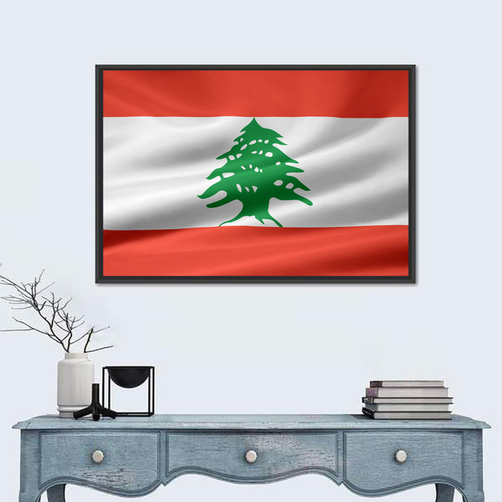 Lebanon Flag with Cedar Emblem Wall Art in a room, landscape
