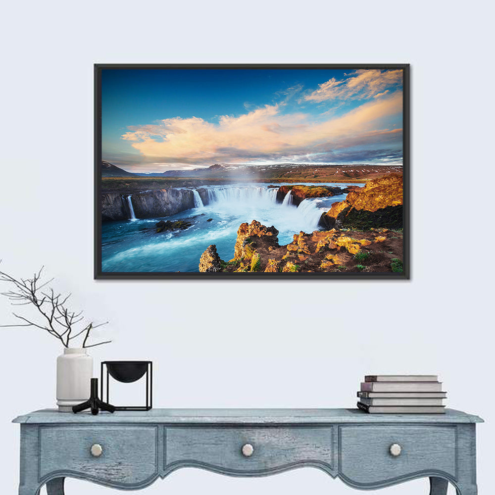 Godafoss Waterfall at Golden Hour Wall Art in a room, landscape