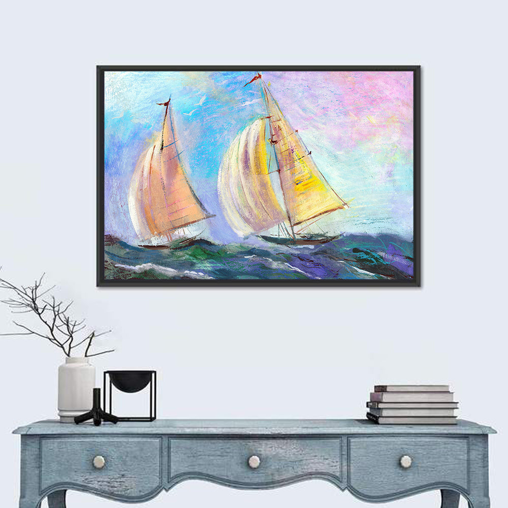 Two Sailboats in Colorful Seascape Wall Art