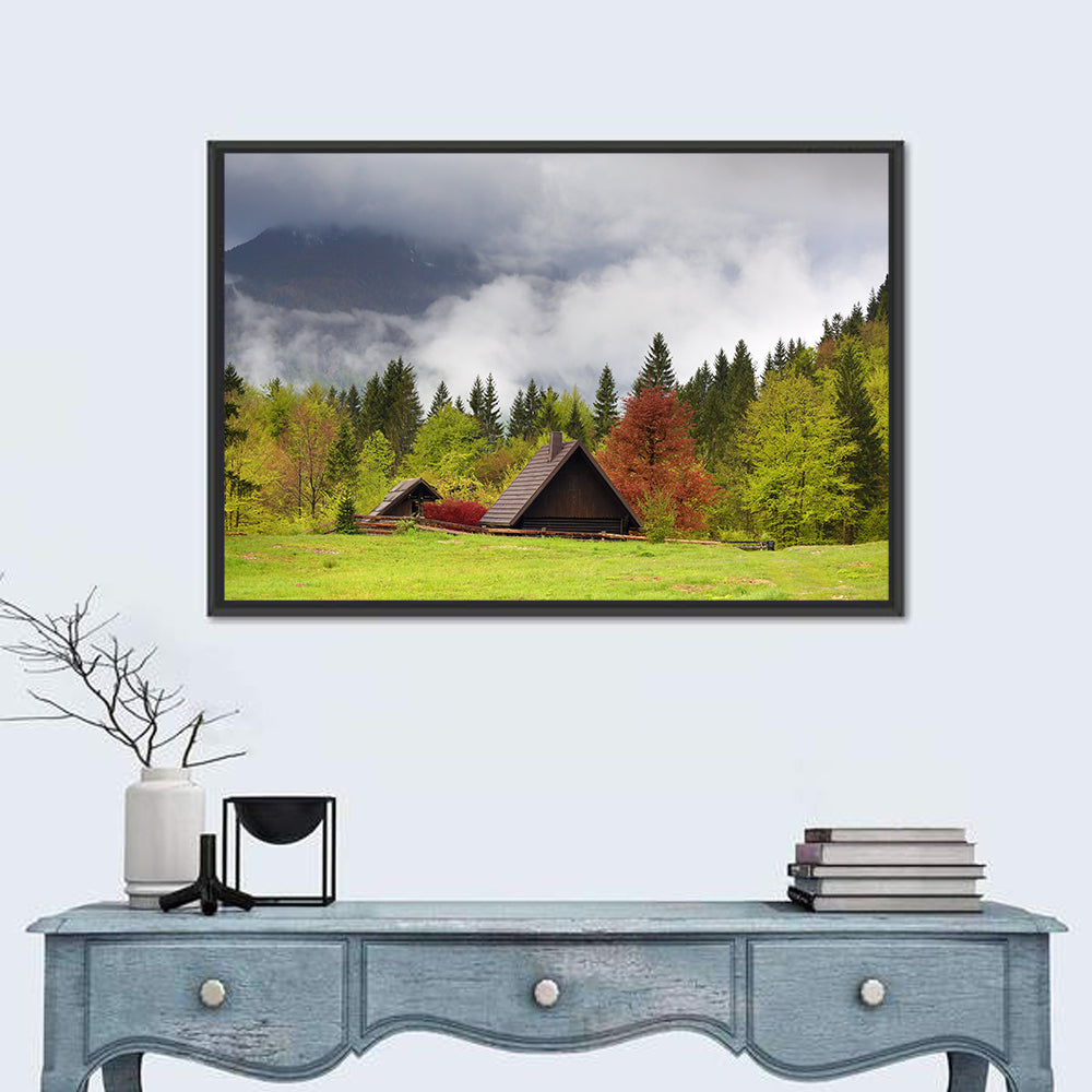 Slovenian Alps Cabin in Fog Wall Art in a room, landscape