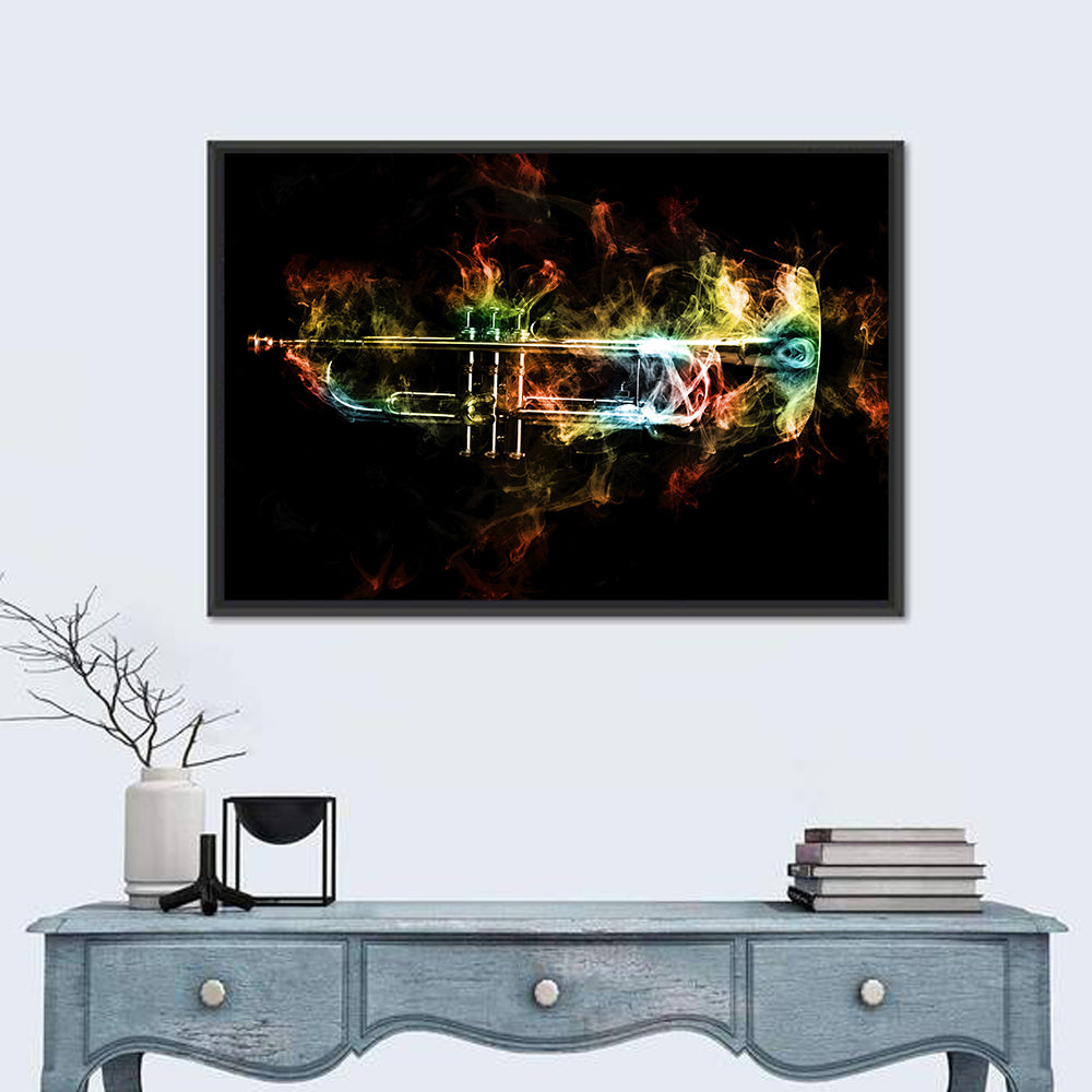 Brass Trumpet with Vibrant Smoke Wall Art in a room, landscape
