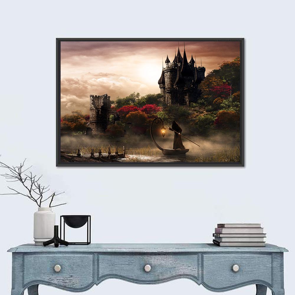 Castle Over Misty Lake at Dusk Wall Art