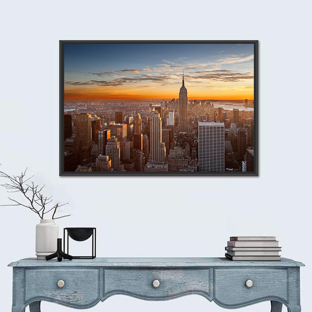 Manhattan Sunset with Empire State Wall Art in a room, landscape