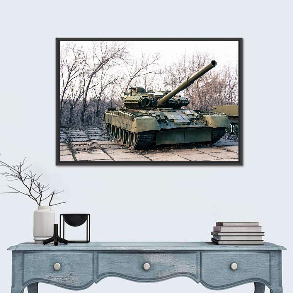 Olive Green Military Tank Wall Art in a room, landscape
