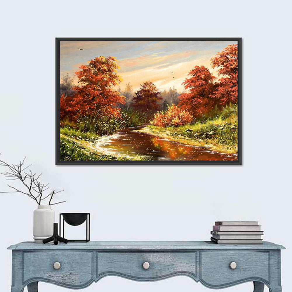 Winding Autumn River Wall Art in a room, landscape