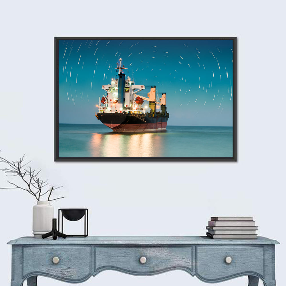 Cargo Ship Under Star Trail Sky Wall Art in a room, landscape