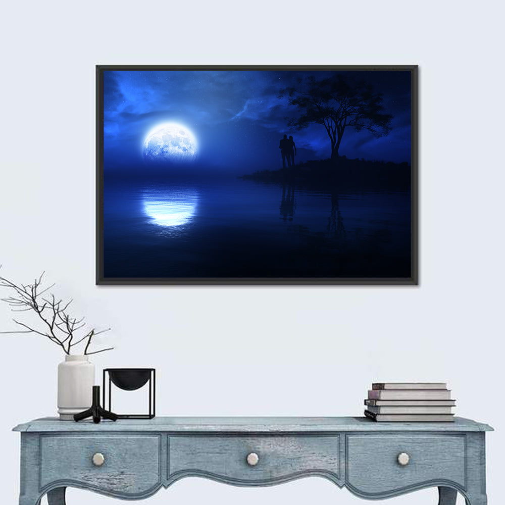 Loving Couple Under Moonlight Wall Art in a room, landscape