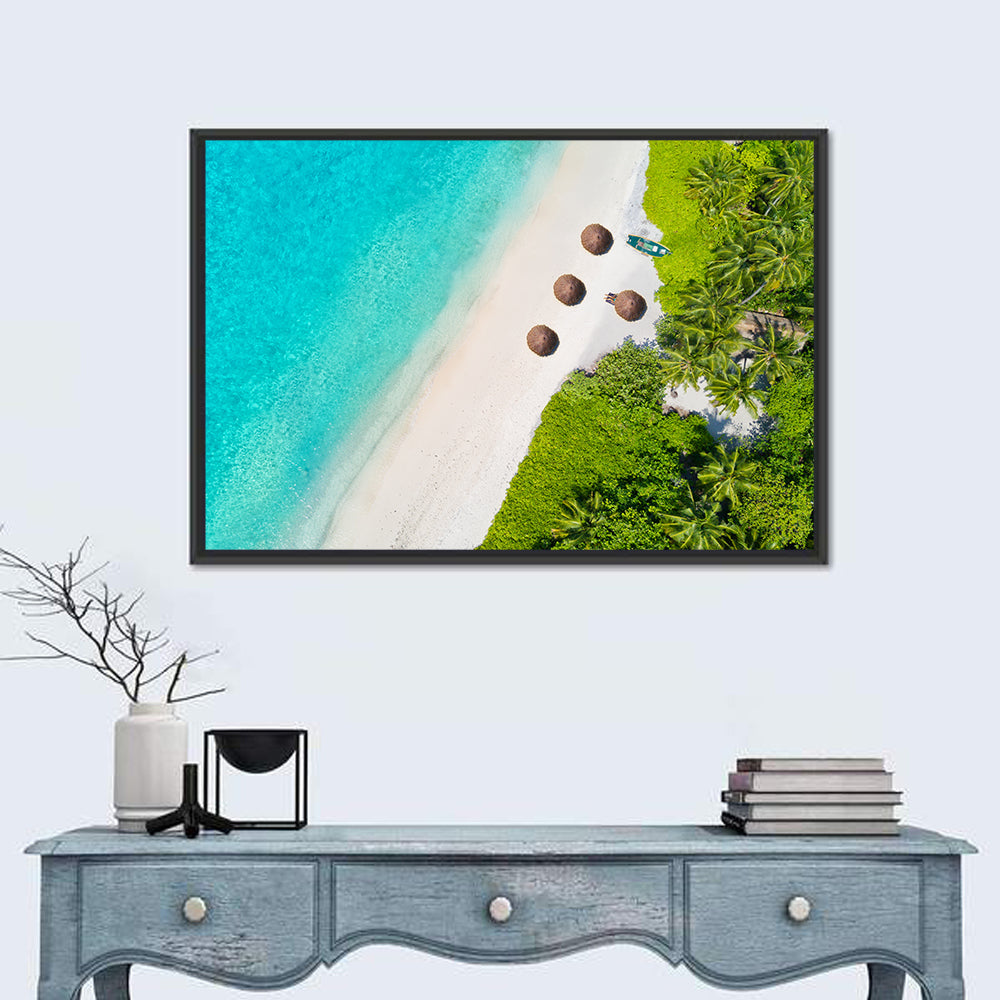 Maldives Aerial Beach View Wall Art in a room, landscape