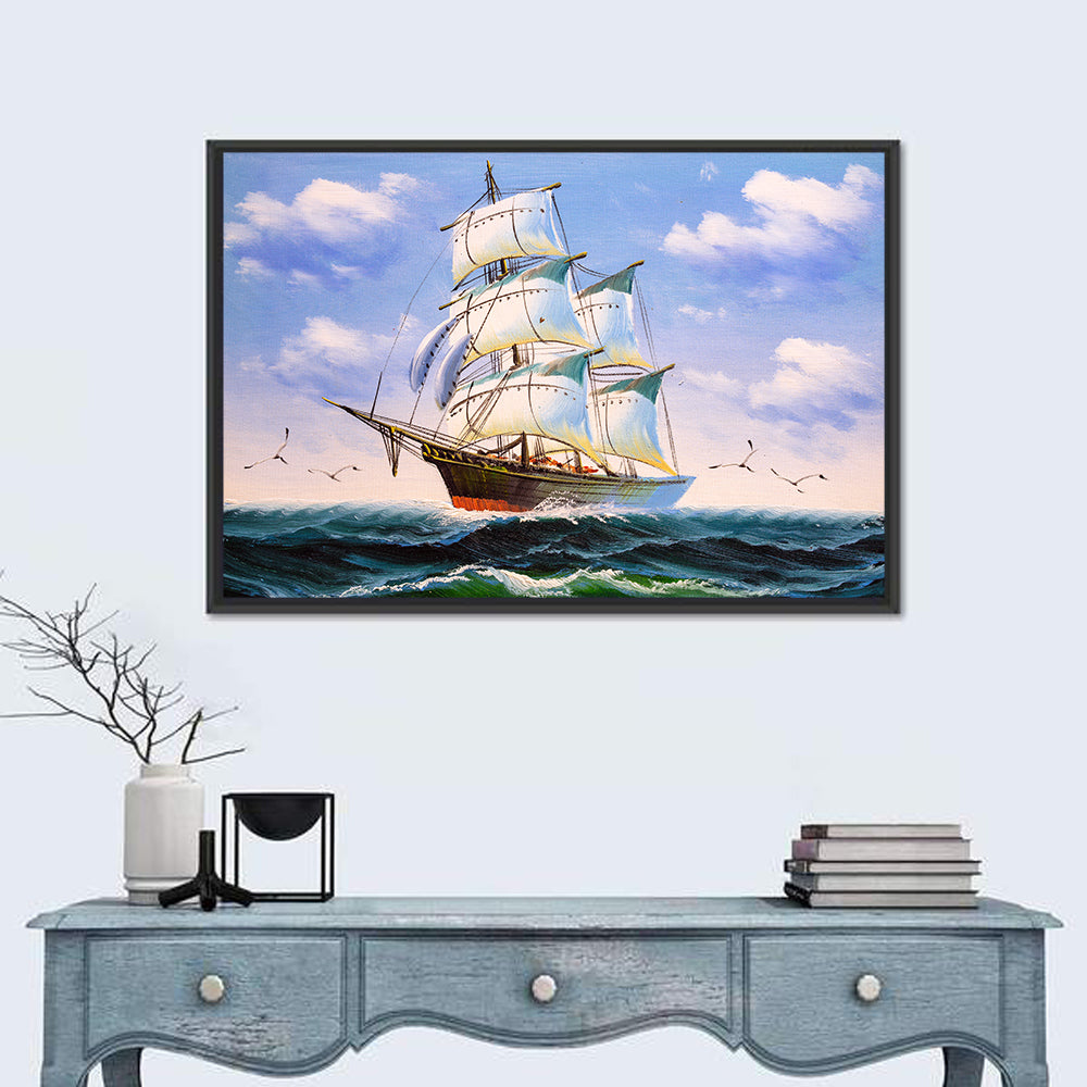 Sailing Ship with White Sails Wall Art in a room, landscape