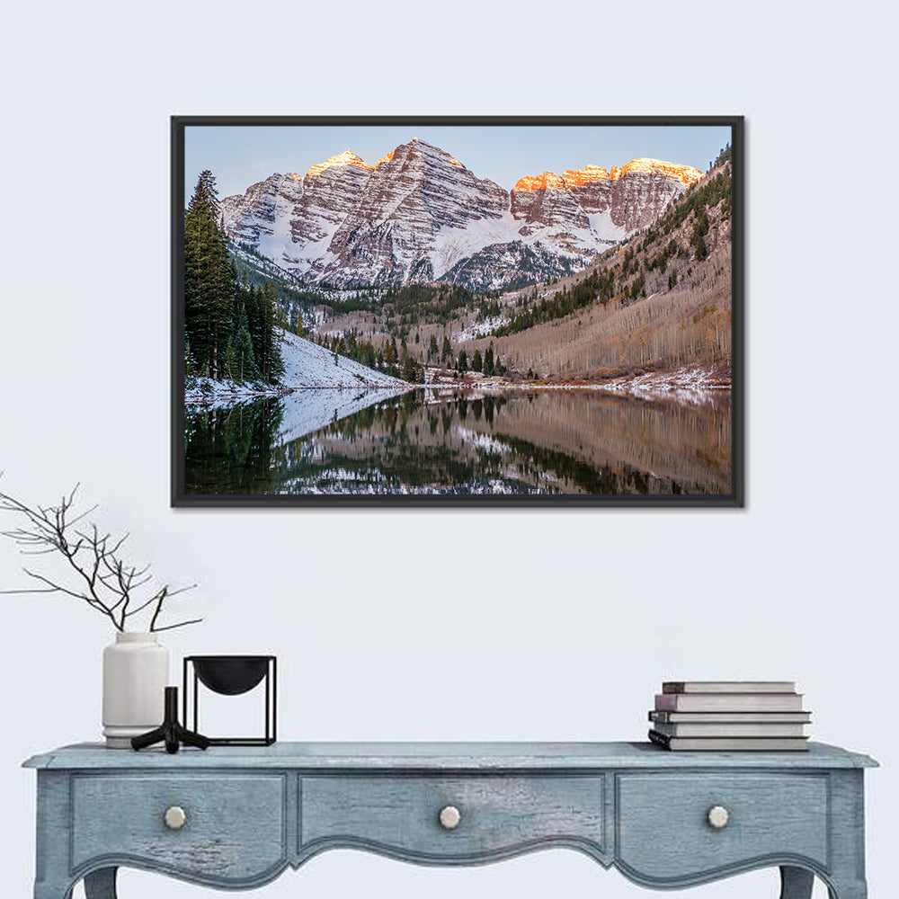 Maroon Bells Reflected on Maroon Lake Wall Art in a room, landscape