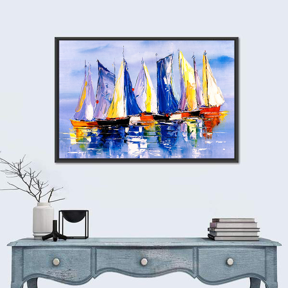 Scenic Sailboats at Sea Wall Art in a room, landscape