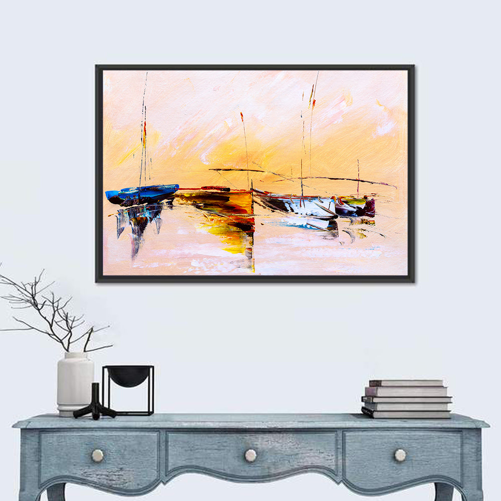 Harbor Boat Reflections Wall Art in a room, landscape