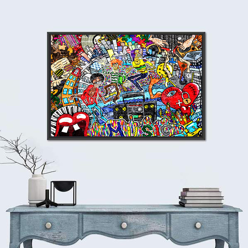 Urban Music Collage Wall Art in a room, landscape