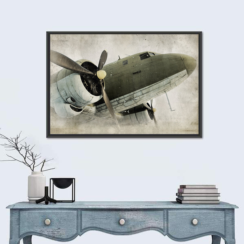 Low Angle Vintage Propeller Airplane Wall Art in a room, landscape