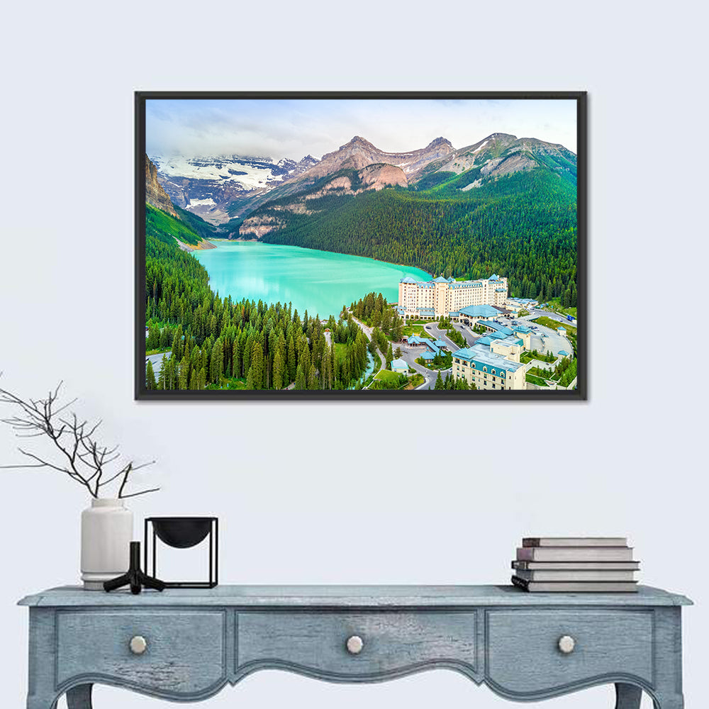 Lake Louise Aerial View Wall Art in a room, landscape