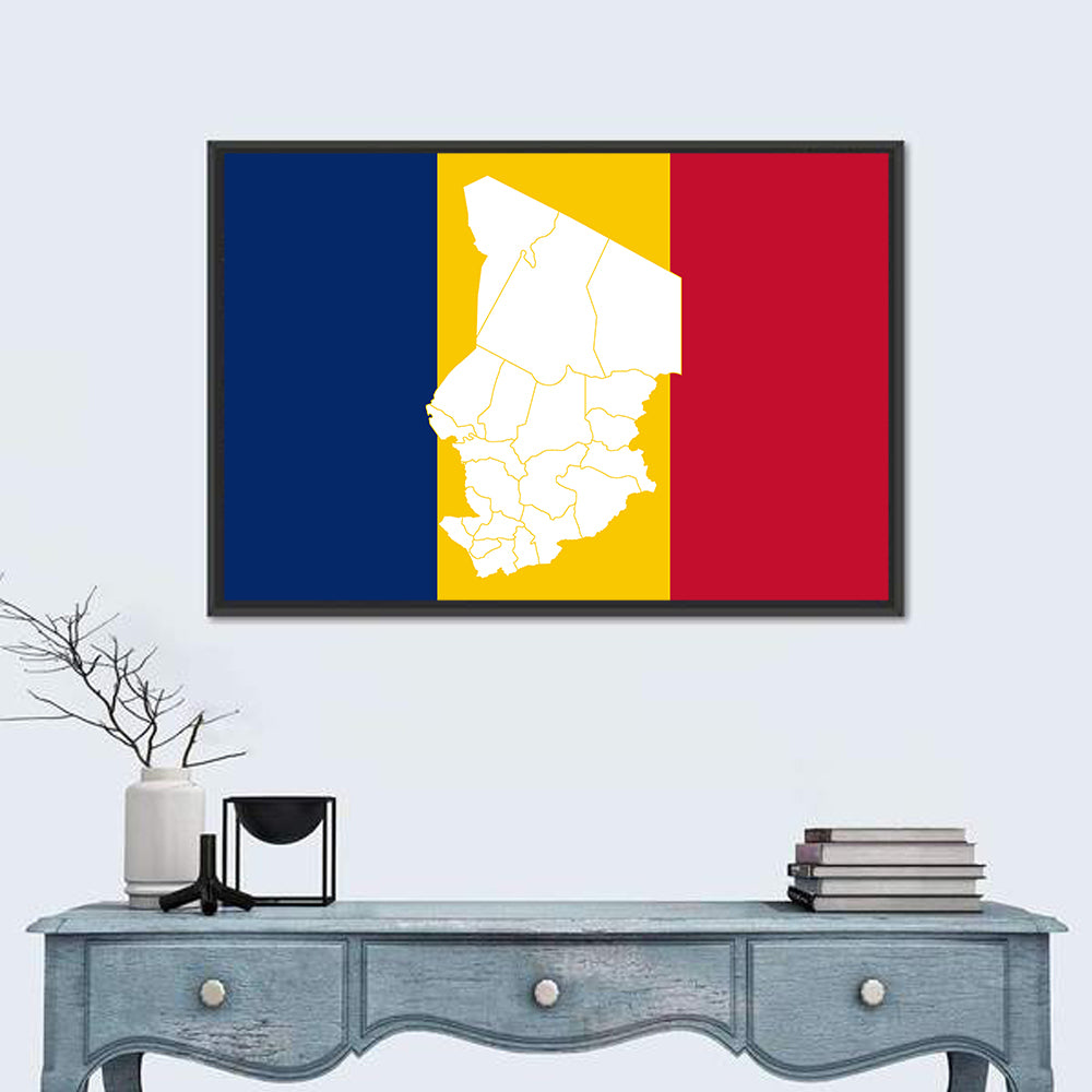 Chad Map with Tricolor Flag Wall Art in a room, landscape
