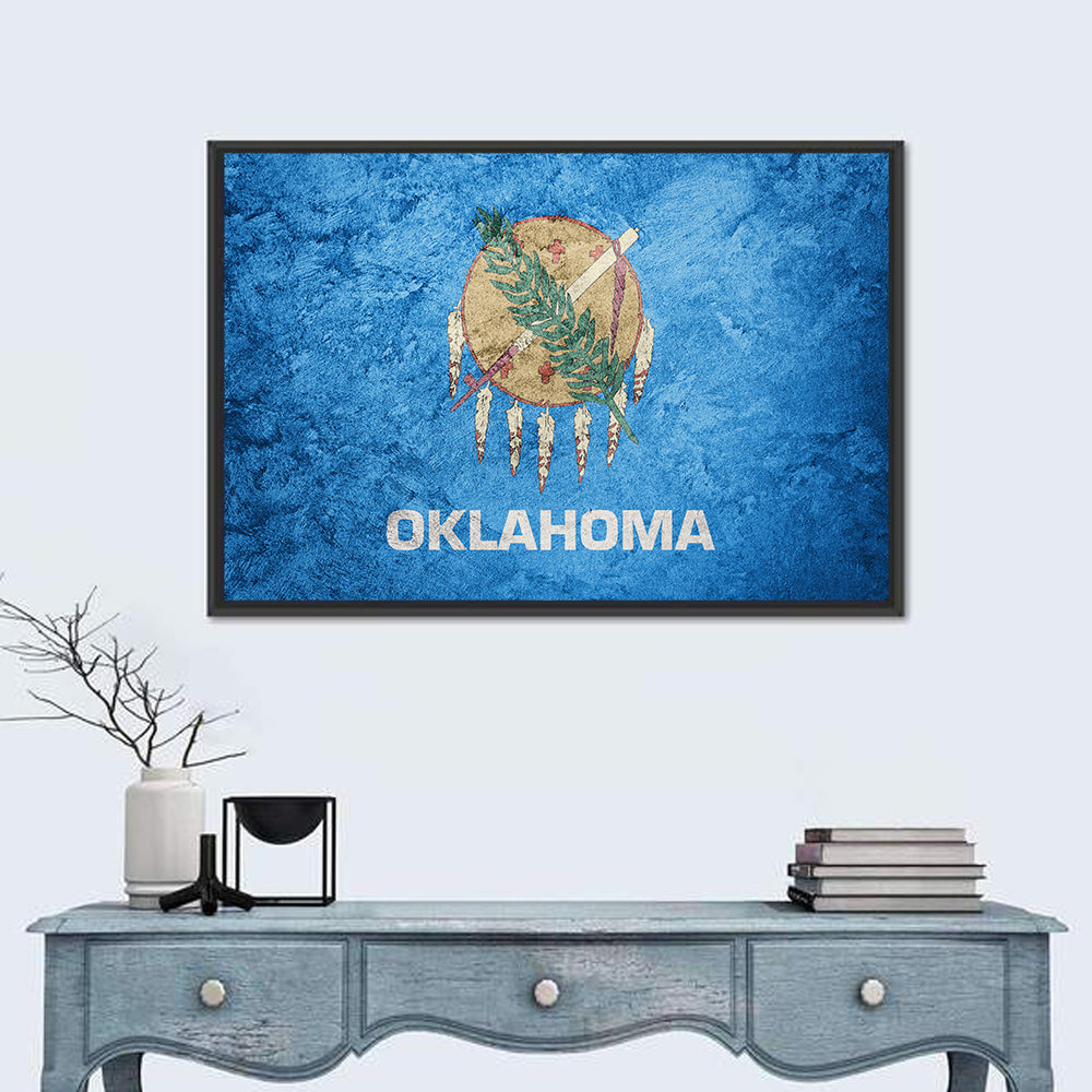 Grunge Oklahoma Flag Wall Art in a room, landscape