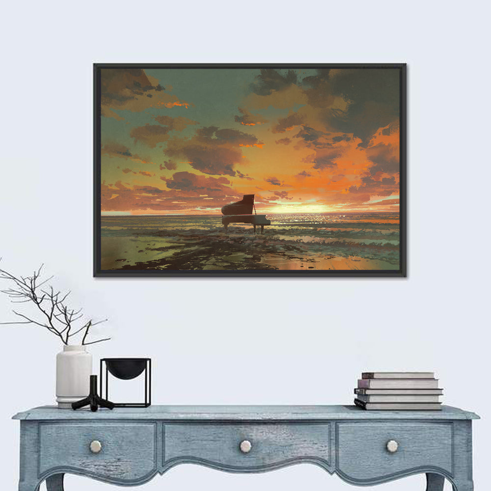 Piano on the Beach at Sunset Wall Art in a room, landscape