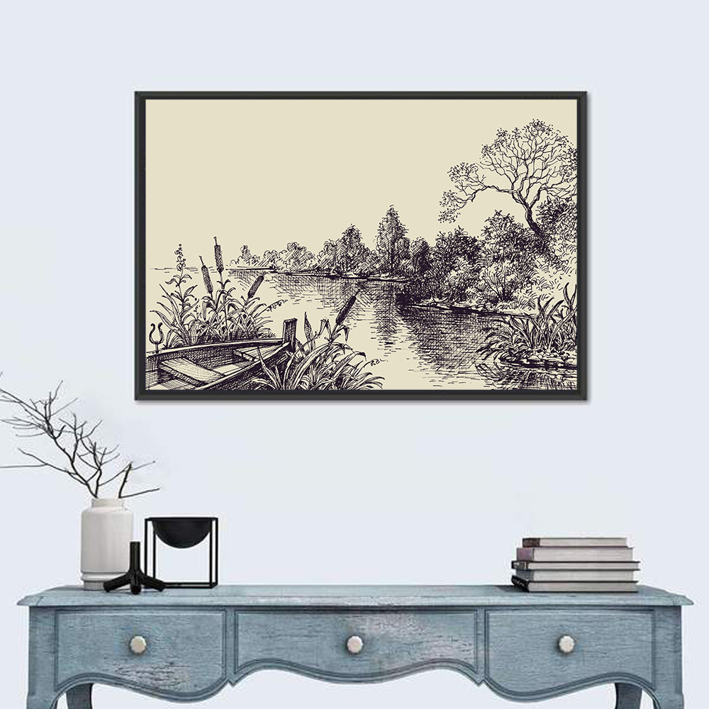 Ink Sketch Rowboat on Lake Wall Art in a room, landscape