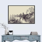 Ink Sketch Rowboat on Lake Wall Art
