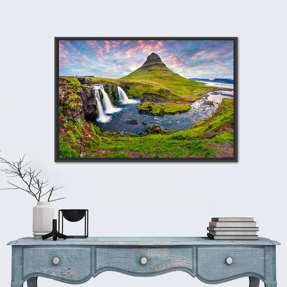 Kirkjufell Peak and Kirkjufellsfoss Wall Art in a room, landscape