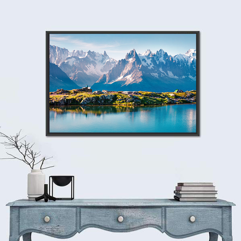Snowcapped Mountain Lake Wall Art in a room, landscape