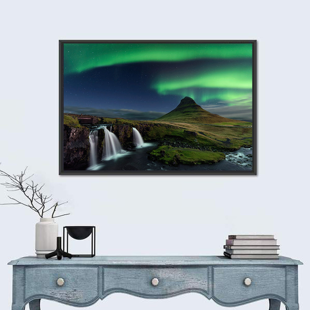 Northern Lights Over Kirkjufellsfoss Wall Art in a room, landscape
