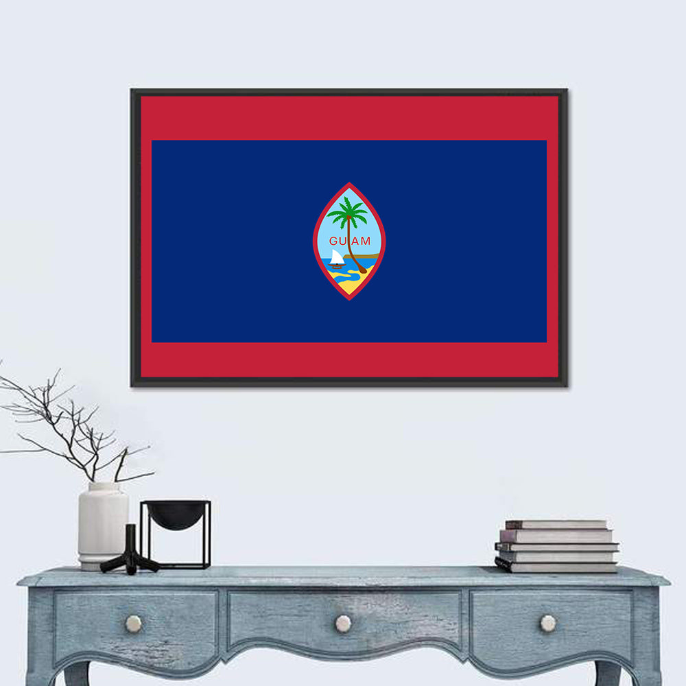 Guam Flag Emblem with Palm and Boat Wall Art in a room, landscape