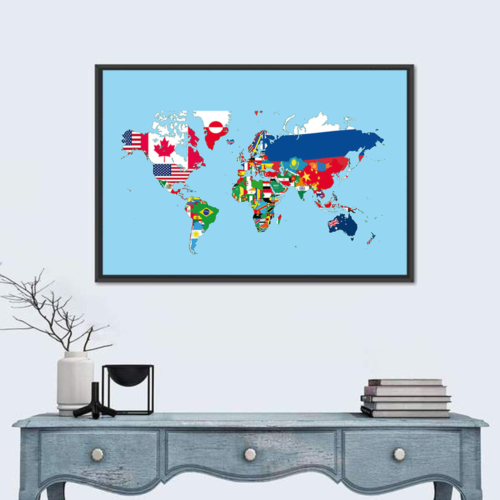 World Map with Flag Motifs Wall Art in a room, landscape