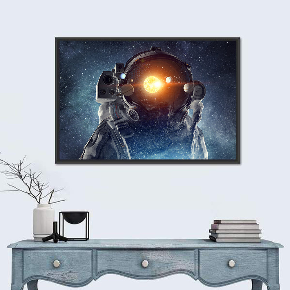 Astronaut Helmet with Solar System Wall Art in a room, landscape