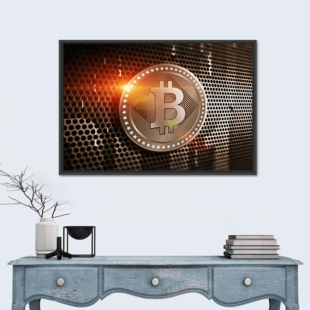 Golden Bitcoin Closeup Wall Art in a room, landscape