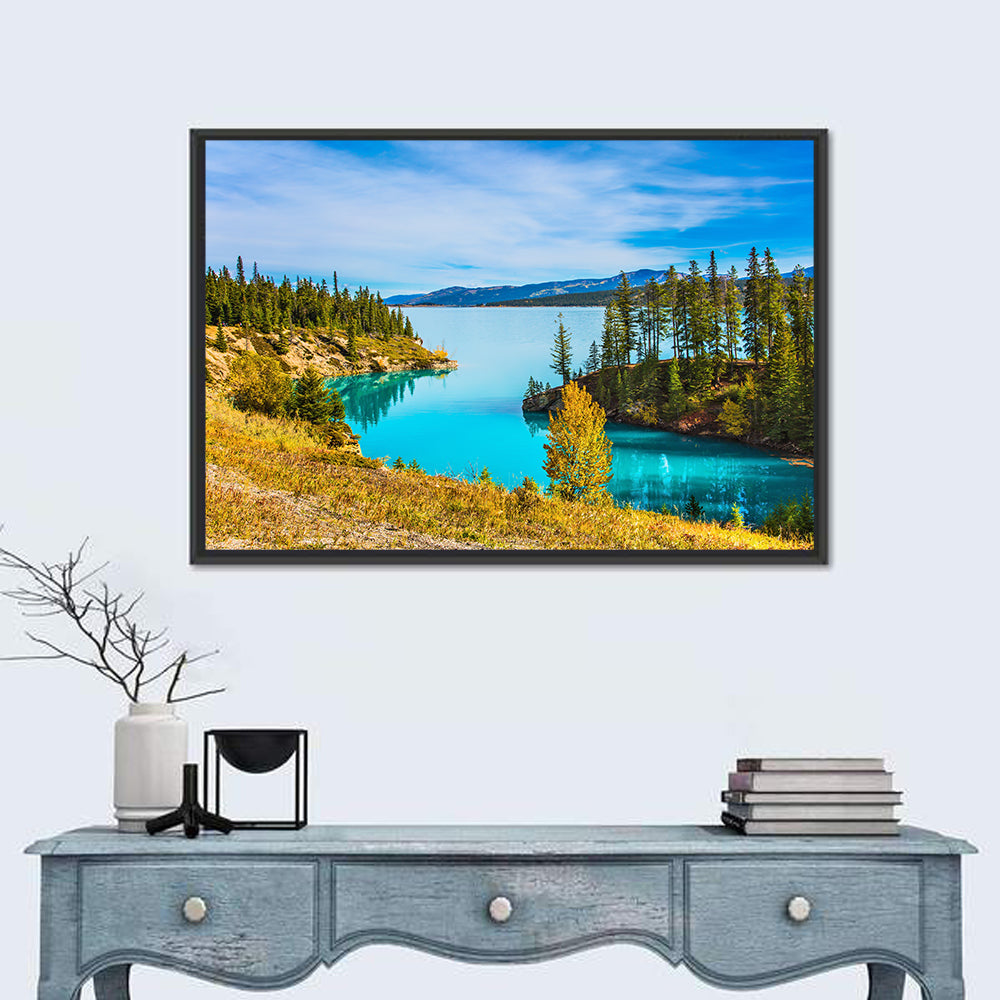 Abraham Lake Autumn Landscape Wall Art in a room, landscape
