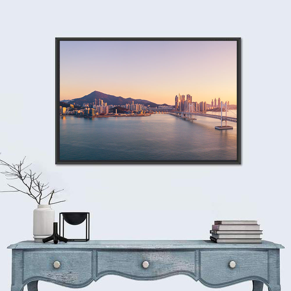 Gwangan Bridge Sunrise Skyline Wall Art in a room, landscape