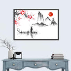 Ink Wash Fishing Boat with Red Sun Wall Art