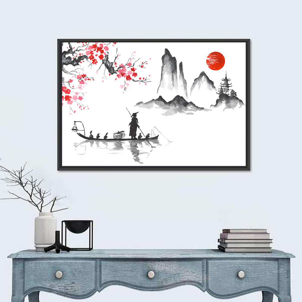 Ink Wash Fishing Boat with Red Sun Wall Art