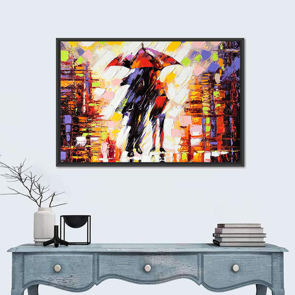 Couple Under Red Umbrella Wall Art in a room, landscape