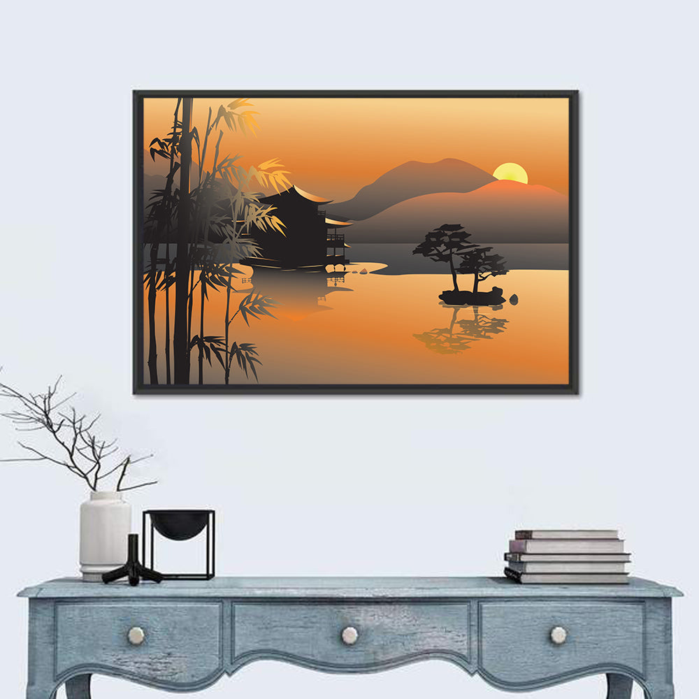 Sunset Over Asian Lake Illustration Wall Art in a room, landscape