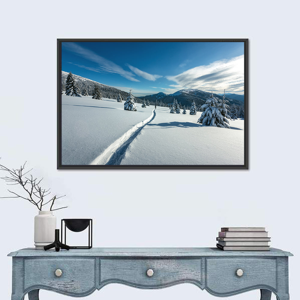 Snowy Carpathian Trail Wall Art in a room, landscape