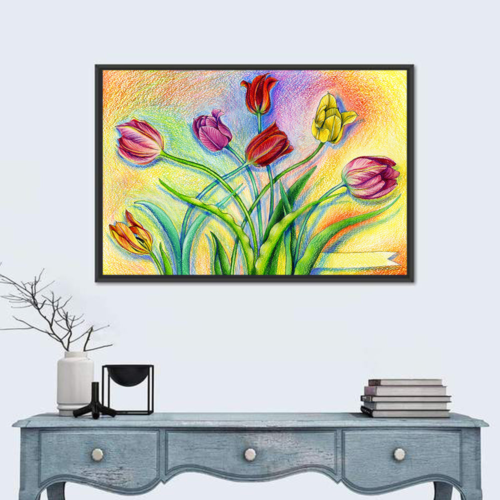 Colored Pencil Tulips Wall Art in a room, landscape