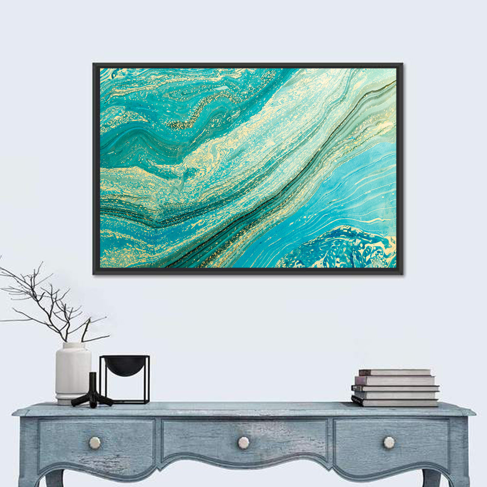 Teal Marble Swirl with Gold Veining Wall Art in a room, landscape