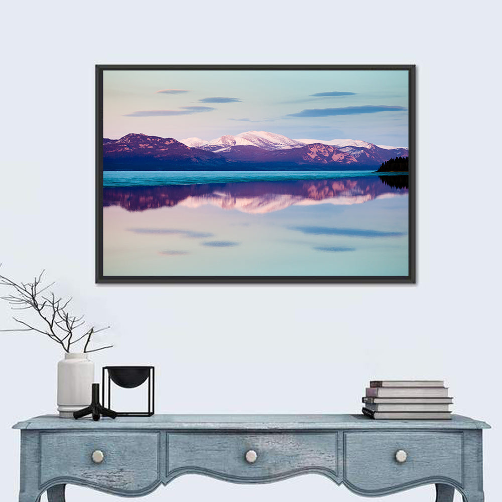 Lake Laberge Dusk Reflection Wall Art in a room, landscape