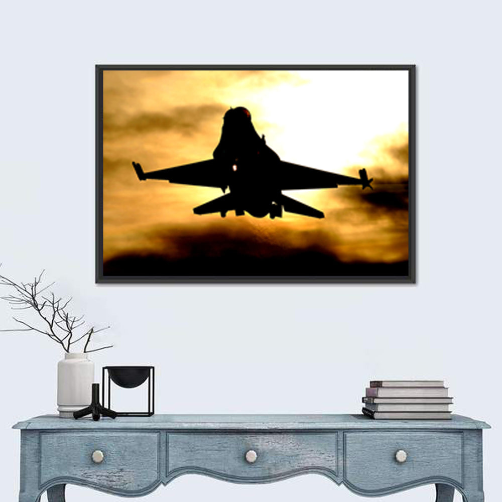 F-16 Landing at Golden Sunset Wall Art in a room, landscape