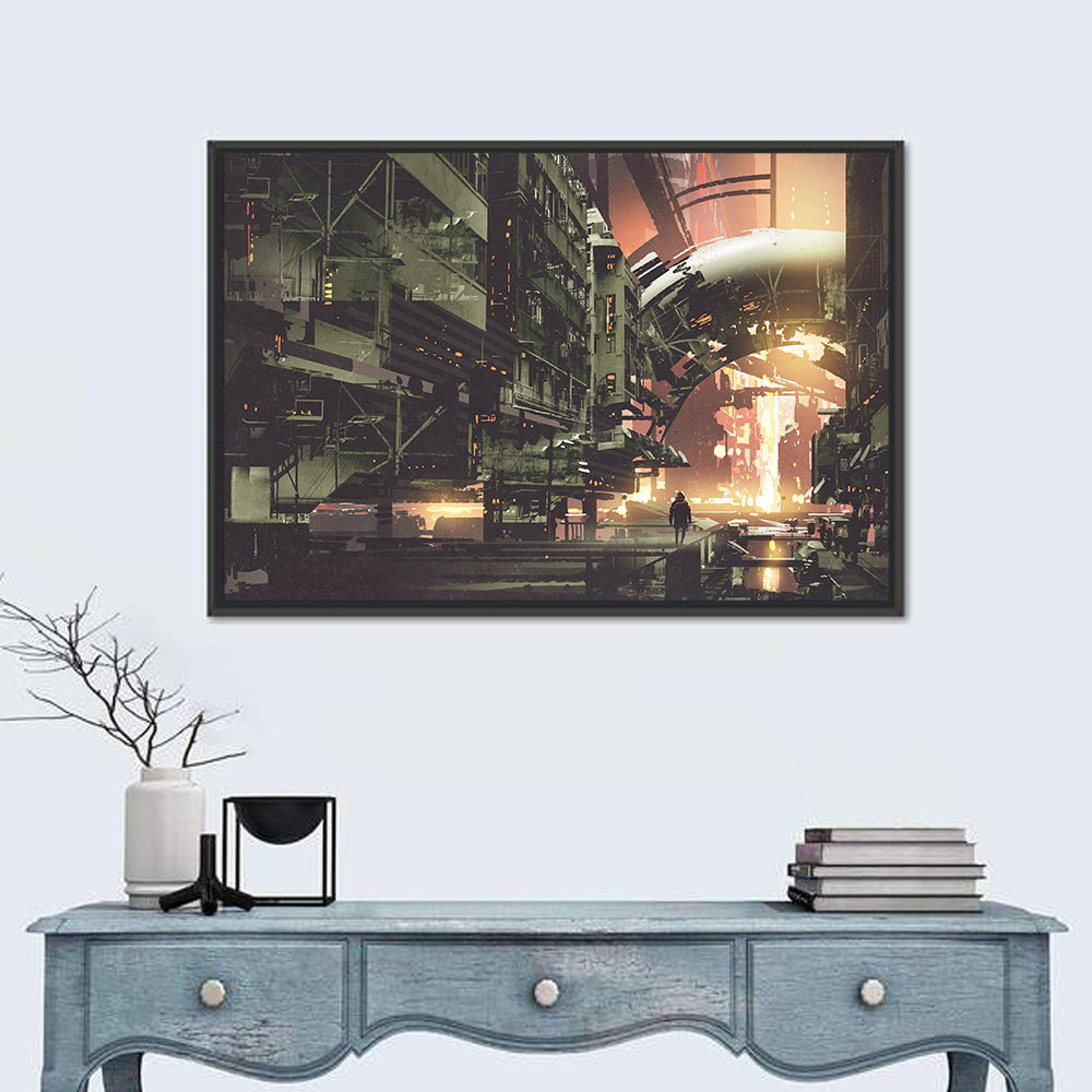 Cyberpunk City Wall Art in a room, landscape
