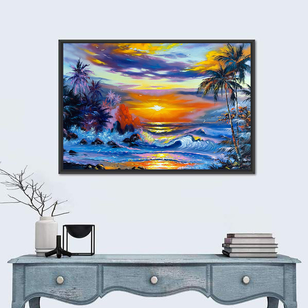 Evening Coastal Sunset with Palm Silhouettes Wall Art in a room, landscape