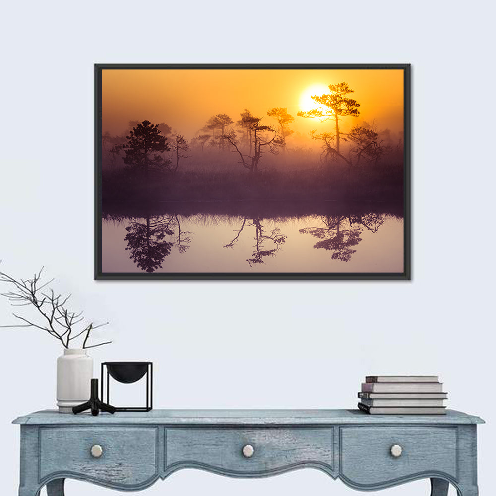 Misty Golden Lake Sunrise Wall Art in a room, landscape