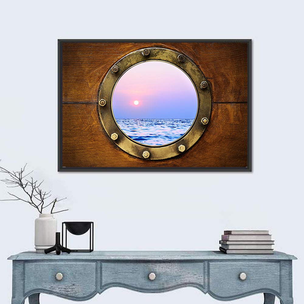 Brass Porthole with Sunset Horizon Wall Art
