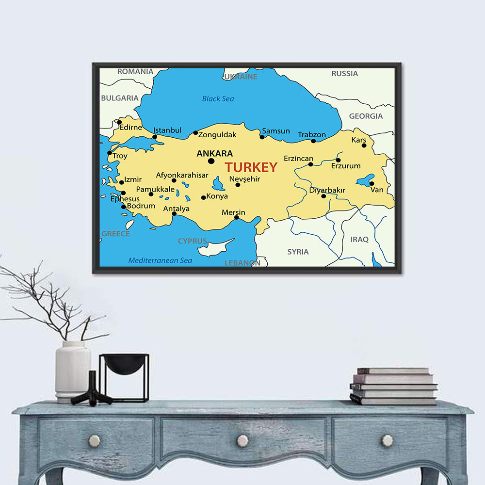 Republic of Turkey Map Wall Art in a room, landscape