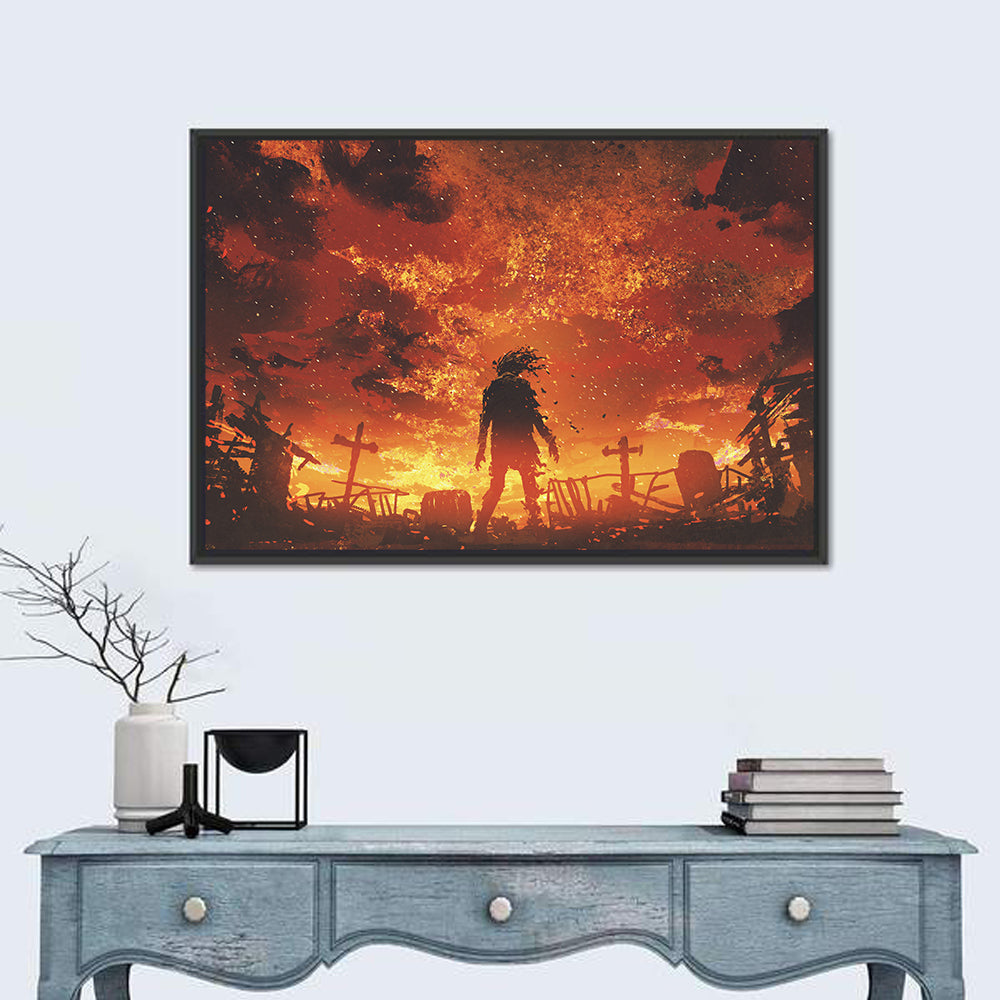 Zombie Walking Through Burnt Cemetery Wall Art in a room, landscape